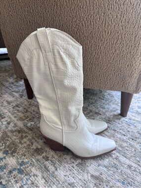 Bellini White Croc-Embossed Western Knee Boots